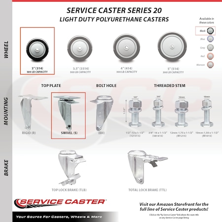 Service Caster 3 Inch Black Polyurethane Wheel Swivel Top Plate Caster Set with 2 Brakes SCC SCC-20S314-PPUB-BLK-2-TLB-2